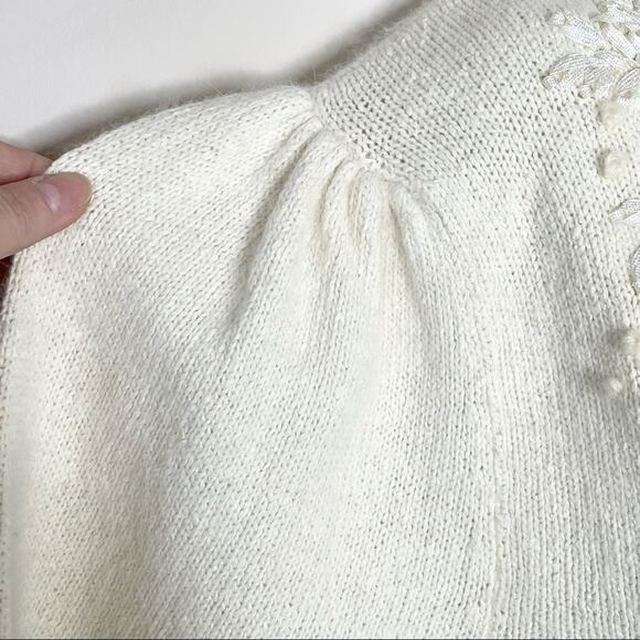 VINTAGE cream embellished & embroidered silk angora wool grandma sweater large - Picture 6 of 6